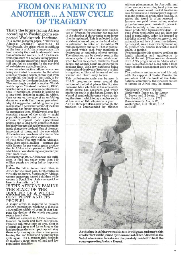 his piece on famine in Africa and the ‘cycle of tragedy’ appears in the September 1985 issue of ‘Foster Parents PLAN News.
