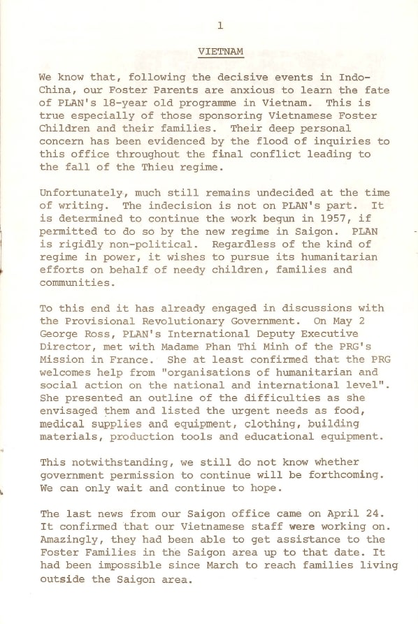 An excerpt from the June 1975 ‘Plan Digest’ that went out to our supporters in Australia just before the end of the Vietnam program.
