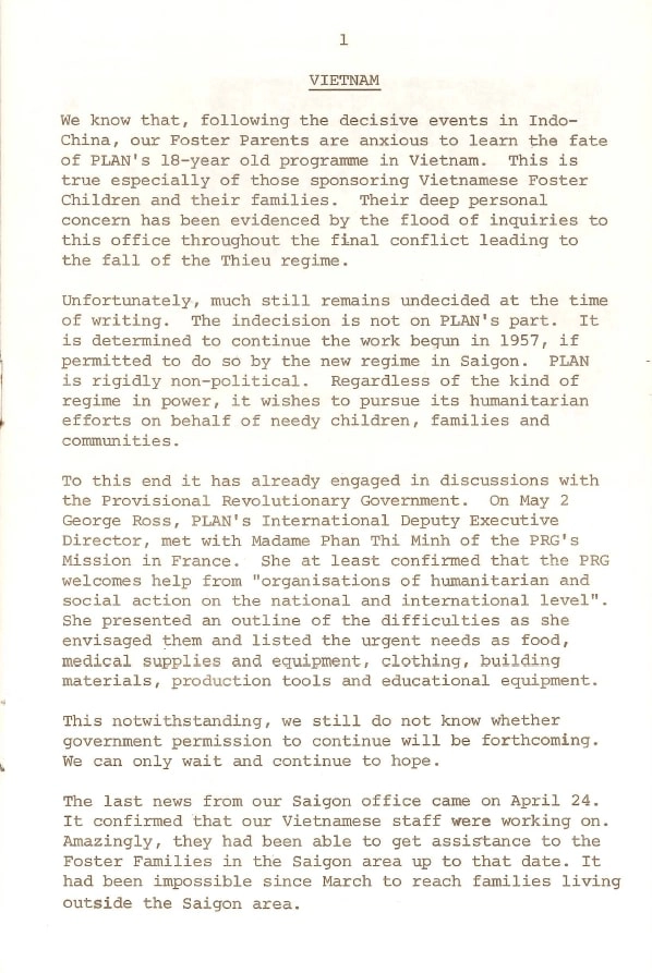 An excerpt from the June 1975 ‘Plan Digest’ that went out to our supporters in Australia just before the end of the Vietnam program.