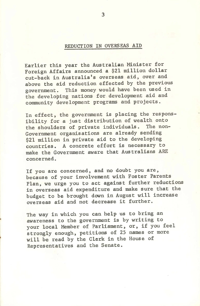 Sound familiar? This excerpt from ‘Plan Digest’ in the mid-70s shows we have a long history fighting cuts to the aid budget.