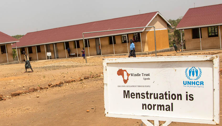 'Menstruation is normal' sign at school in Bidi Bidi refugee camp in Uganda