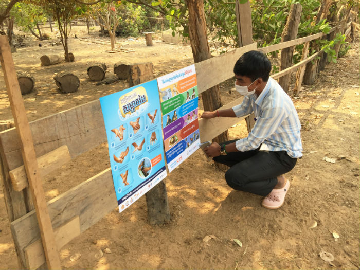 Putting up posters with information to stop the spread of COVID-19