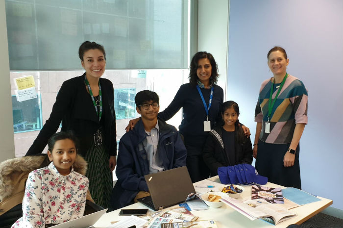 From left: Nevani (12), Jeanelle (Plan International Corporate Partnerships Manager), Sankaran (16), Div Pillay (MindTribes co-founder and Nevani's mother), Yashika (8) and Susanne (Plan International CEO)