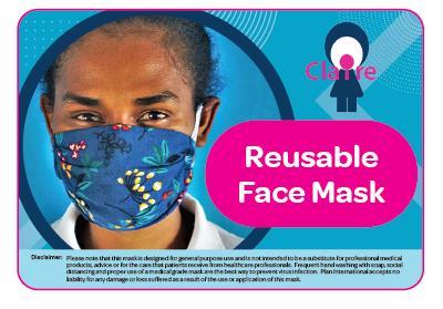 MJ Enterprises face mask branding and packaging featuring Claire