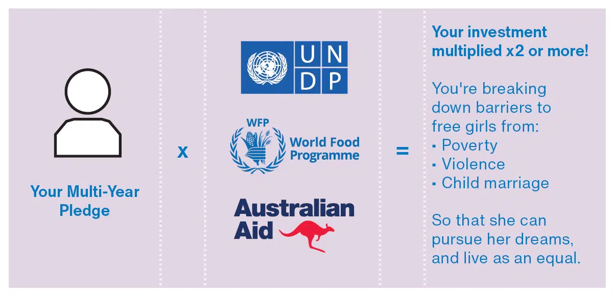 Graphic showing how your investment is multiplied 2 times or more by combining your pledge with money from UNDP, World Food Program and Australian Aid
