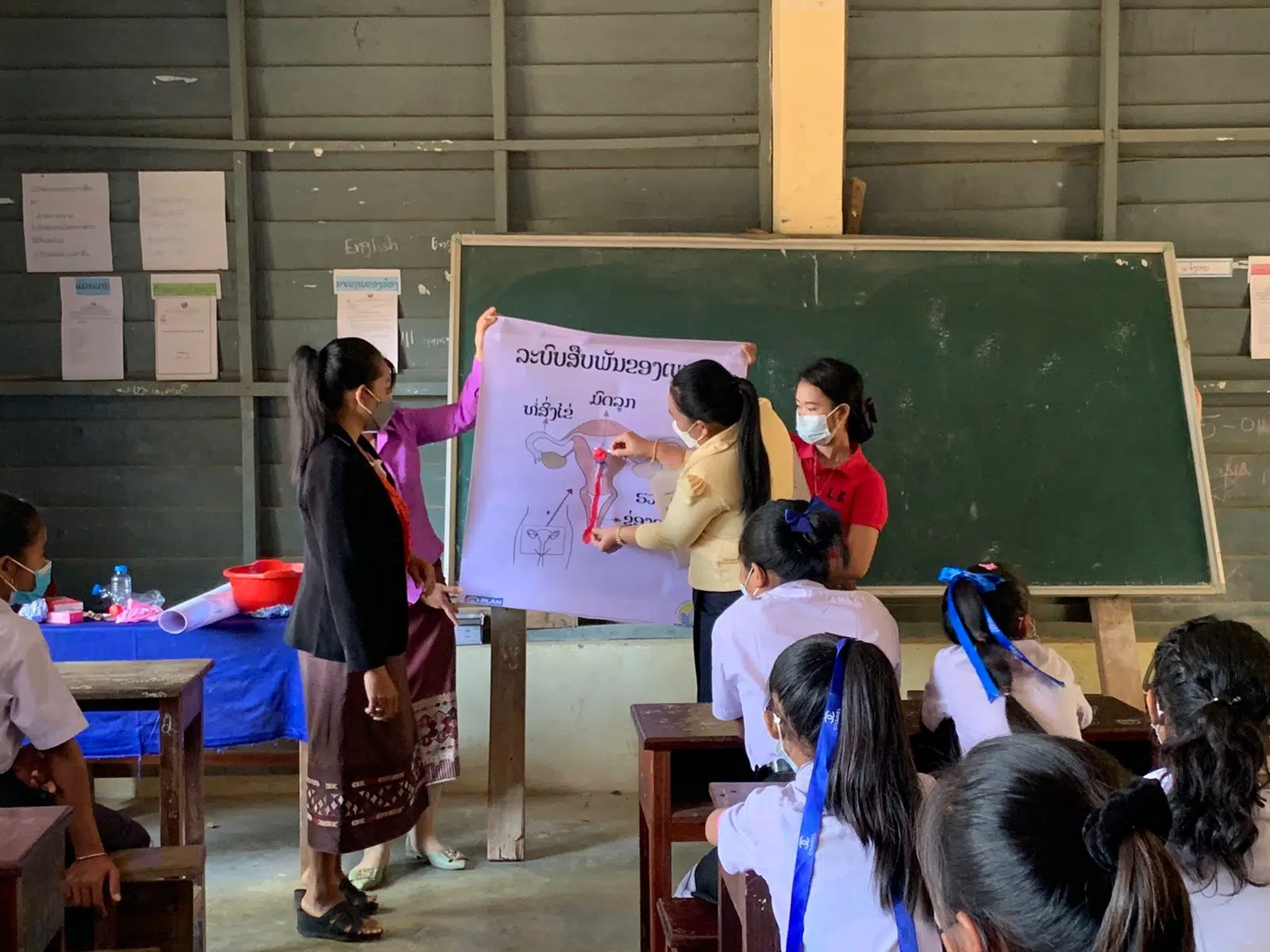 In rural Laos, Trainers demonstrate menstrual blood flow with ribbons