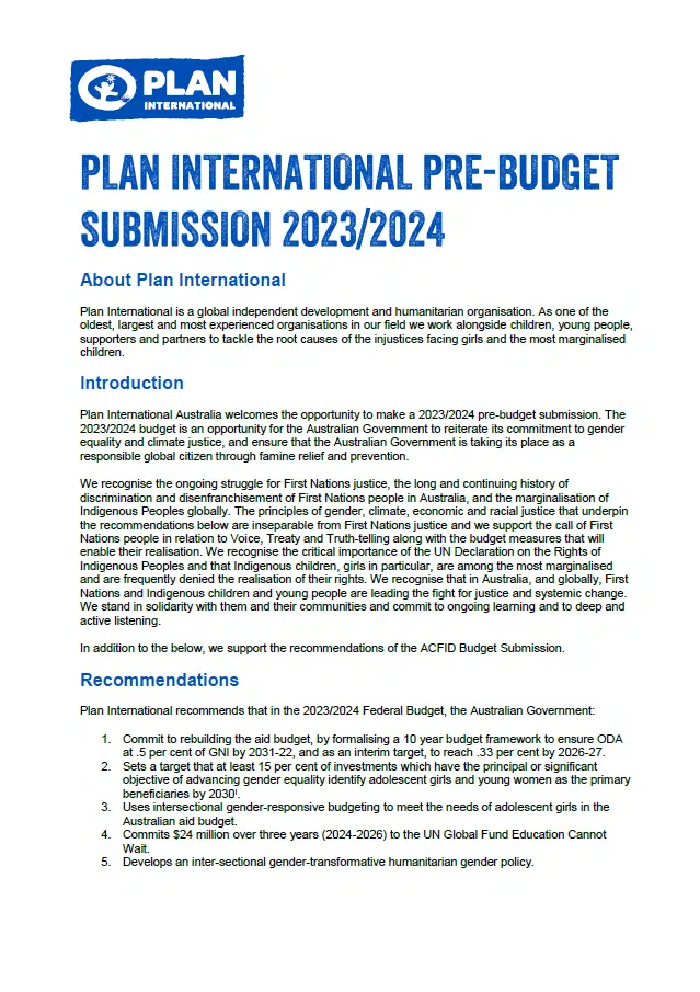 Plan International pre-budget submission 2023/24