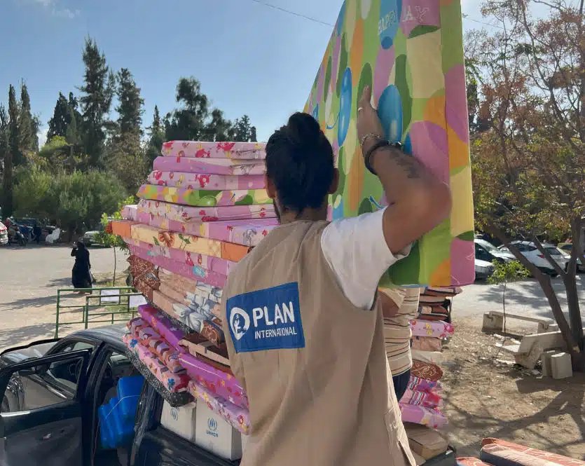 Mattresses being delivered to collective shelters by Plan International